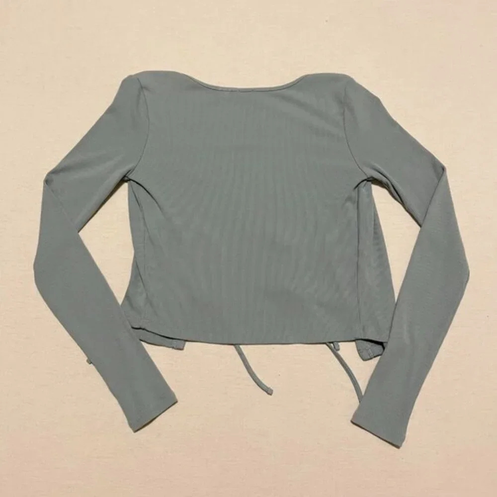 Aritzia Wilfred Tie Front Long Sleeve Ribbed Stretchy Crop Top  XXS - Picture 10 of 16